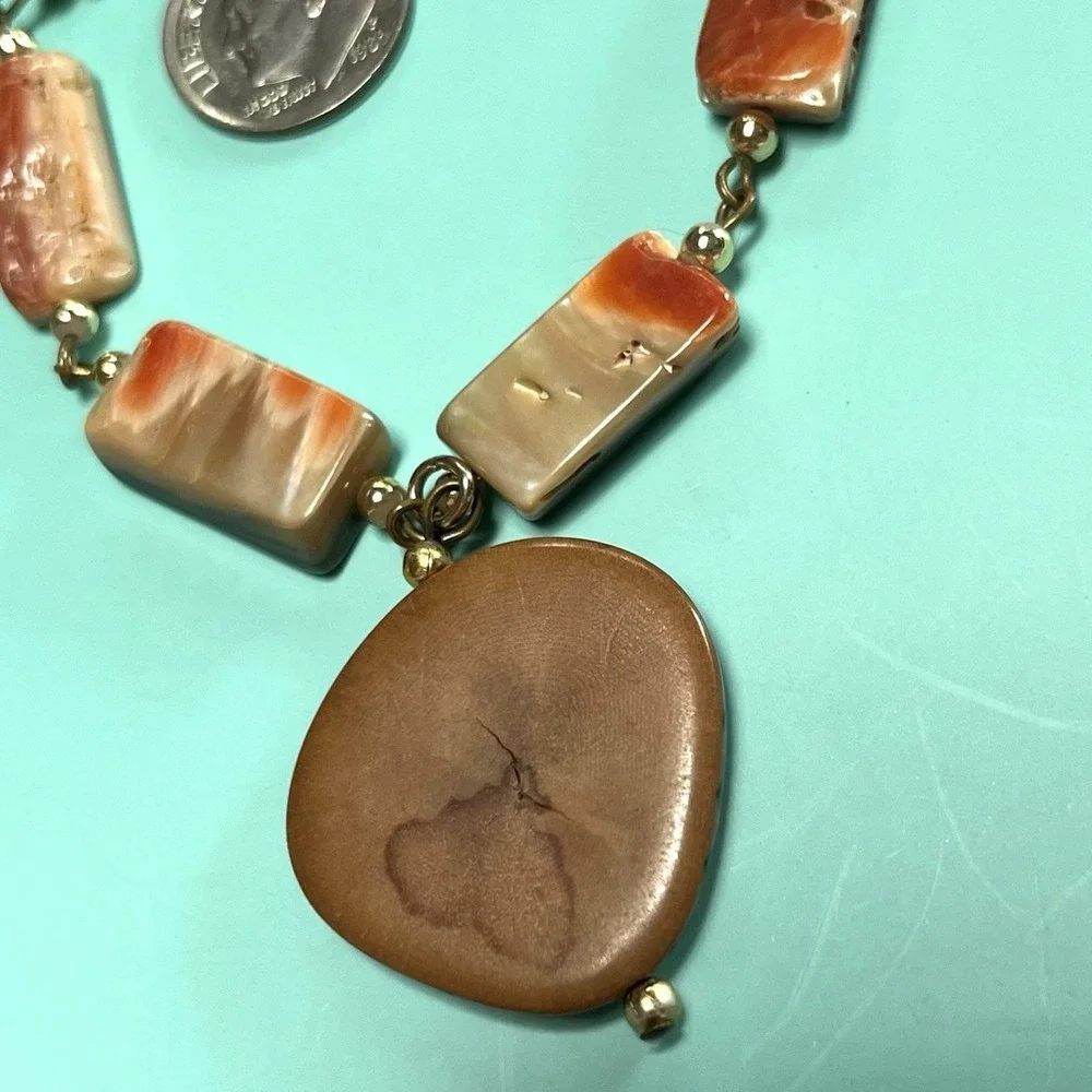 Vintage Celebrity Link Bracelet Polished Abalone & Coral Shell w Tagua Nut Charm